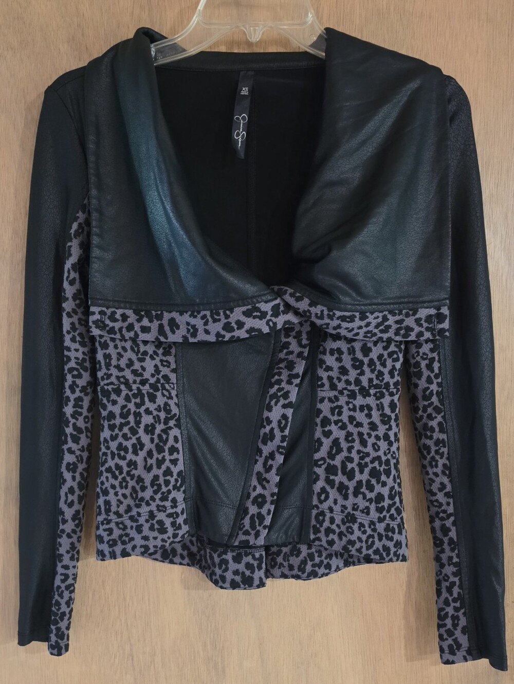 Jessica Simpson Black Faux Leather Gray Leopard Moto Jacket Asymmetrical XS